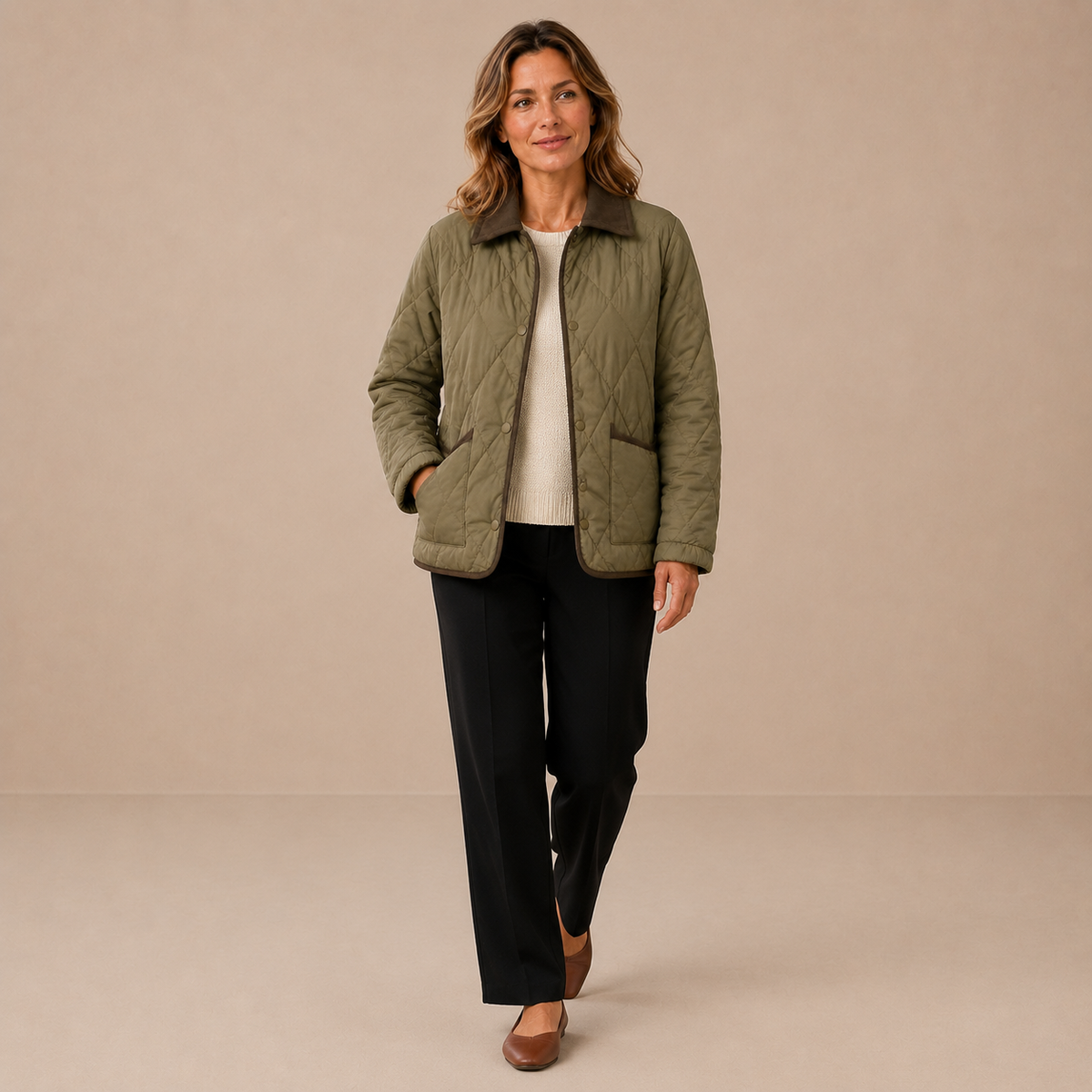Tussenjas dames gewatteerd – quilted jas met kraag en zakken in donkergroen – lifestylebeeld op beige studioachtergrond