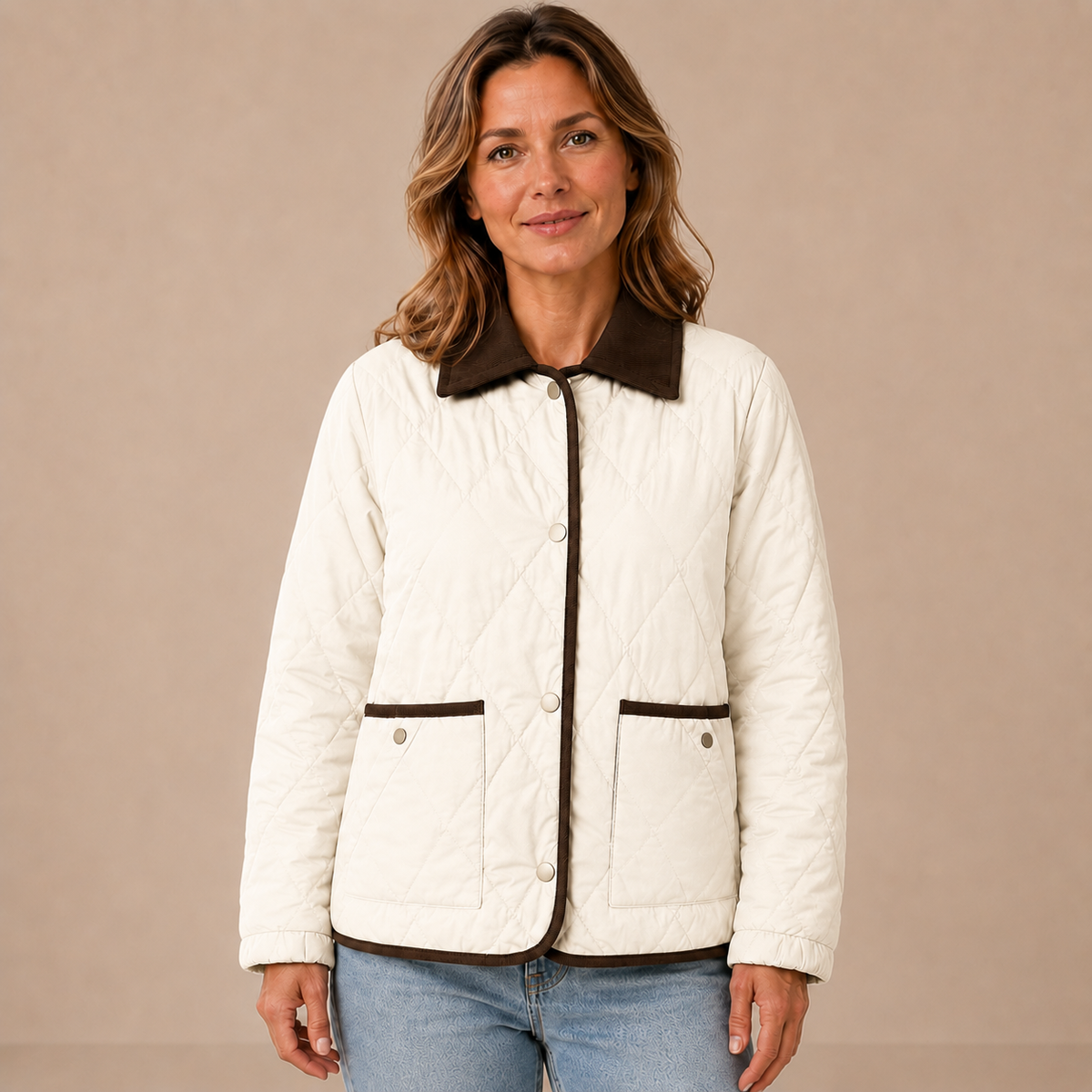 Tussenjas dames gewatteerd – quilted jas met kraag en zakken in wit – vooraanzicht op beige studioachtergrond
