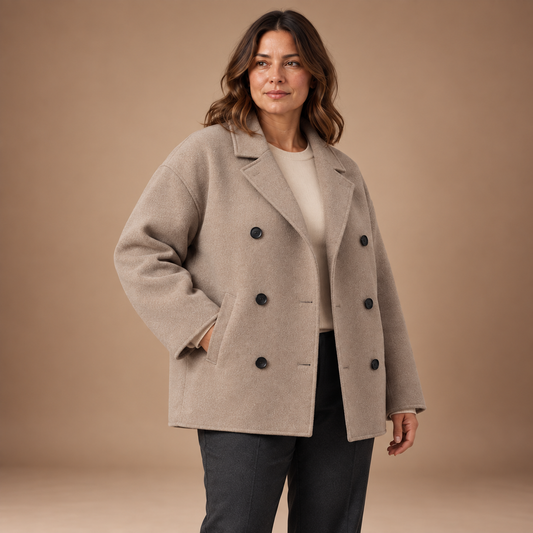 Khaki tweedlook damesmantel in grote maten – driekwartaanzicht met steekzak