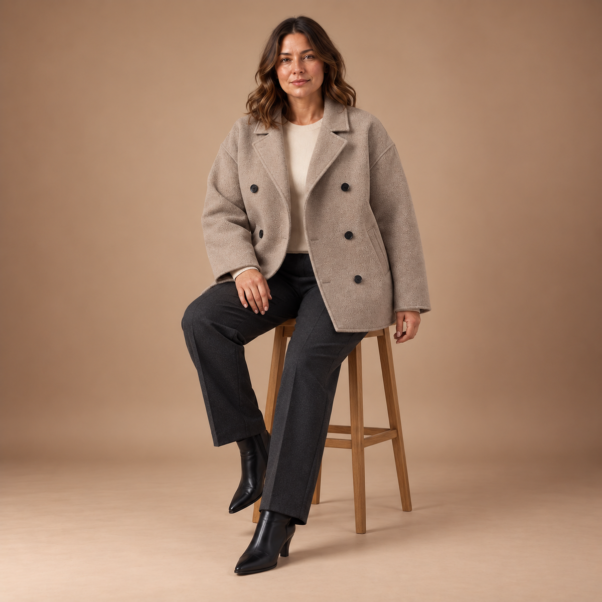 Khaki tweedlook damesmantel op een zittend model
