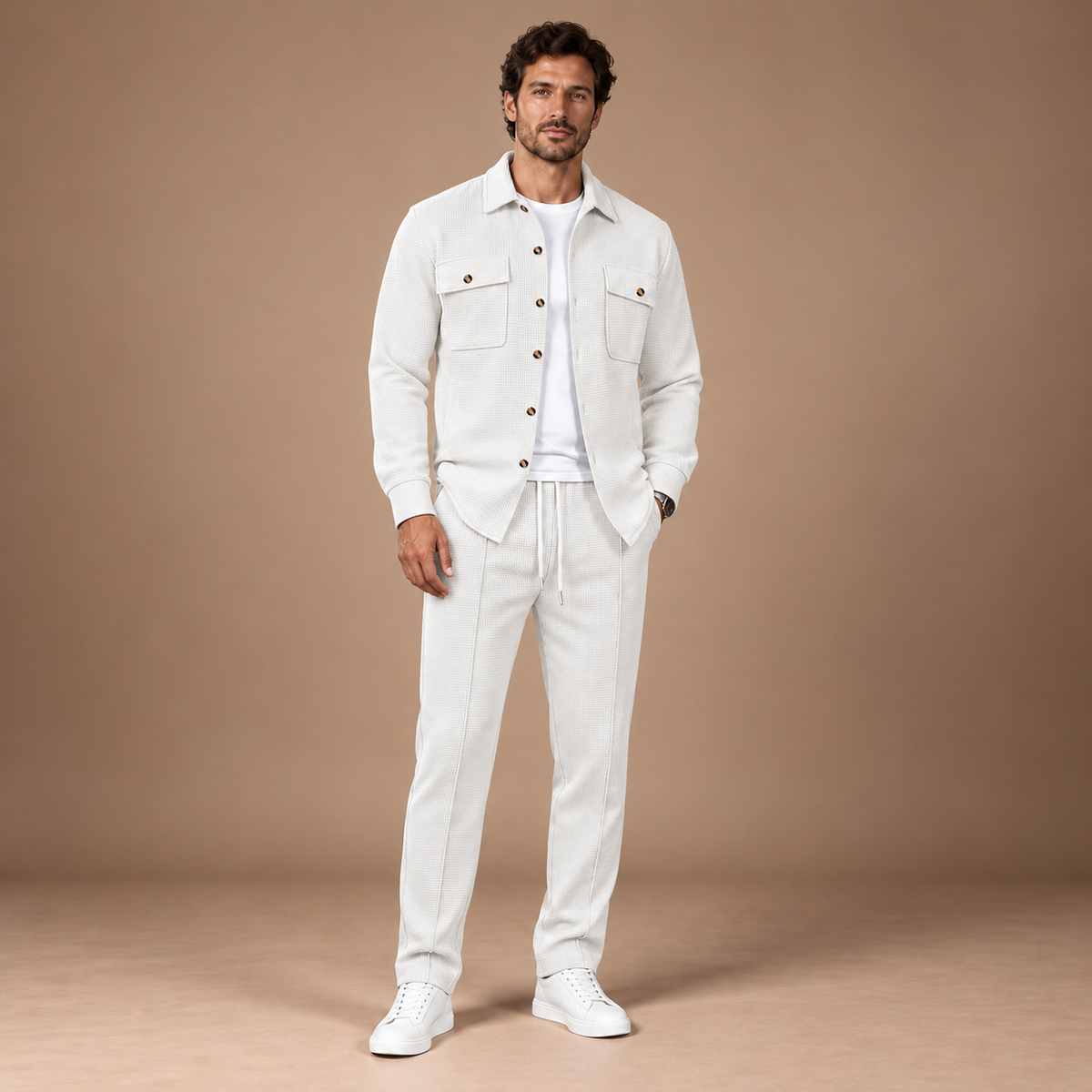 Tweedelige set heren in wit – overshirt en joggingbroek, volledige outfit