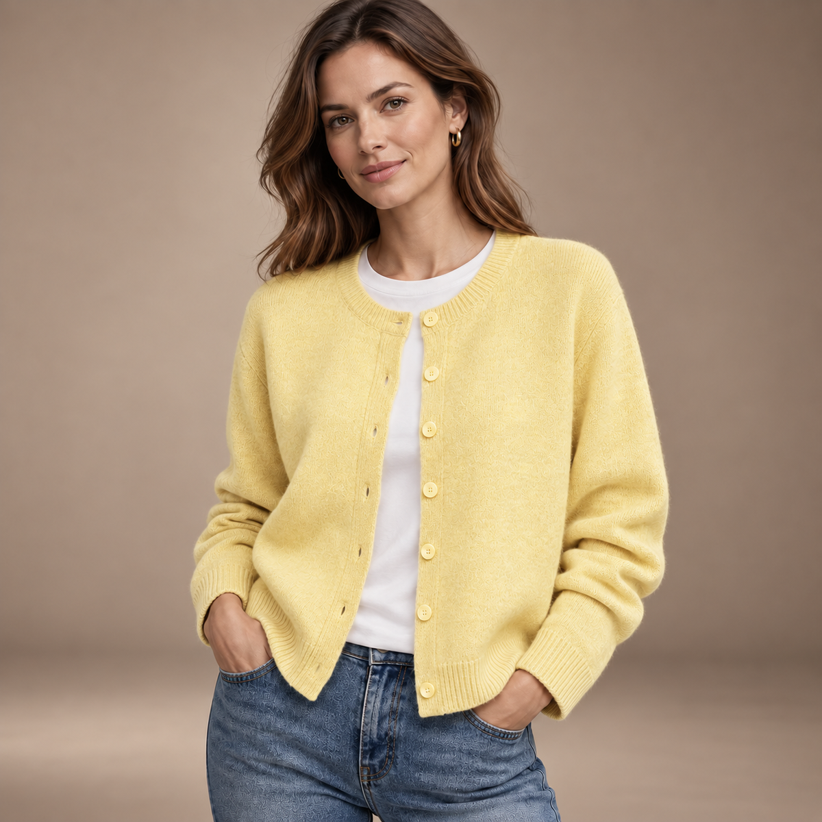 Vest dames gebreid geel cardigan met knopen