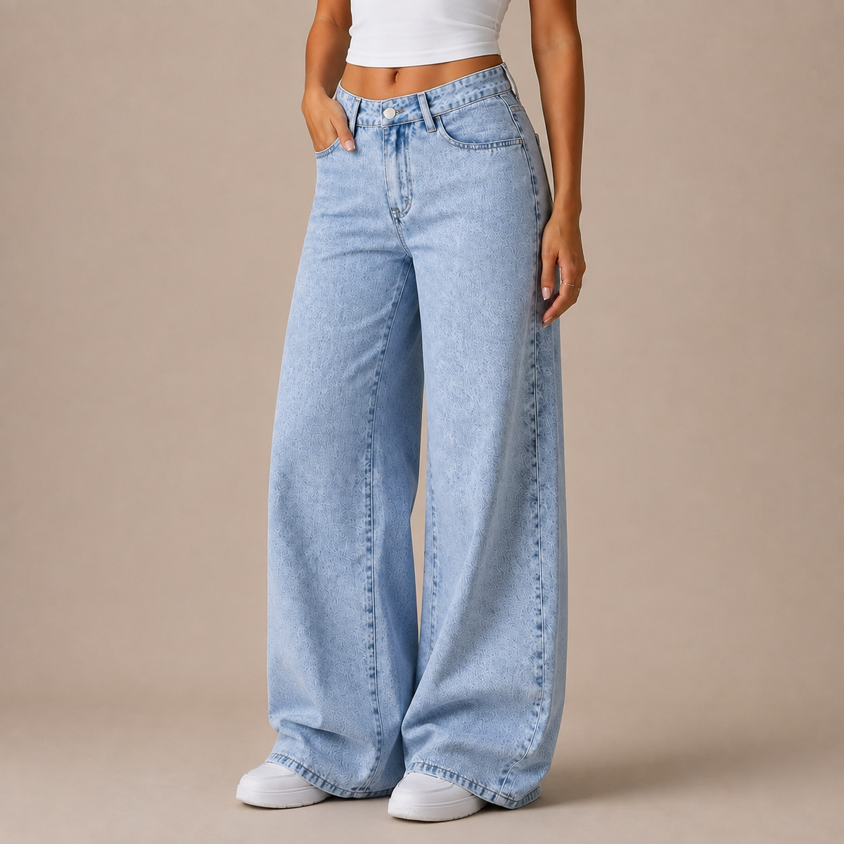 Lichtblauwe wide-leg jeans dames vanuit een driekwart hoek