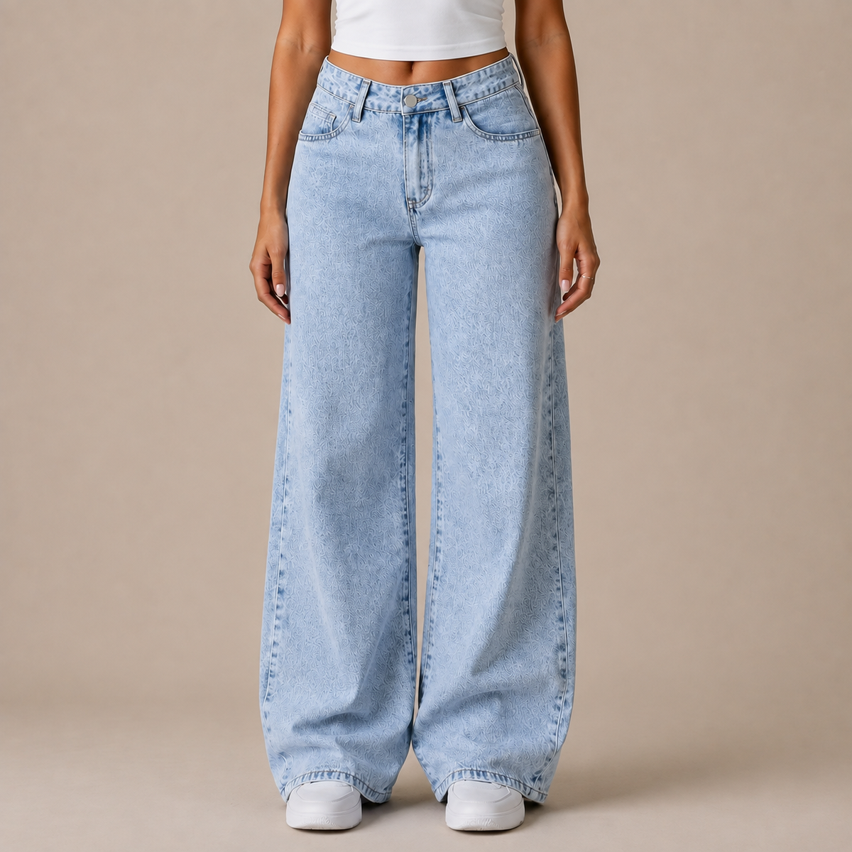 Lichtblauwe high-waist wide-leg jeans dames met acid-wash afwerking