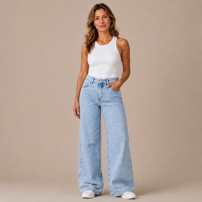 Wide-leg jeans dames gedragen in een moderne citylook