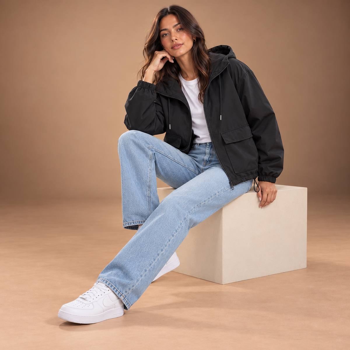 Zwart dames windjack met capuchon – studio editorial