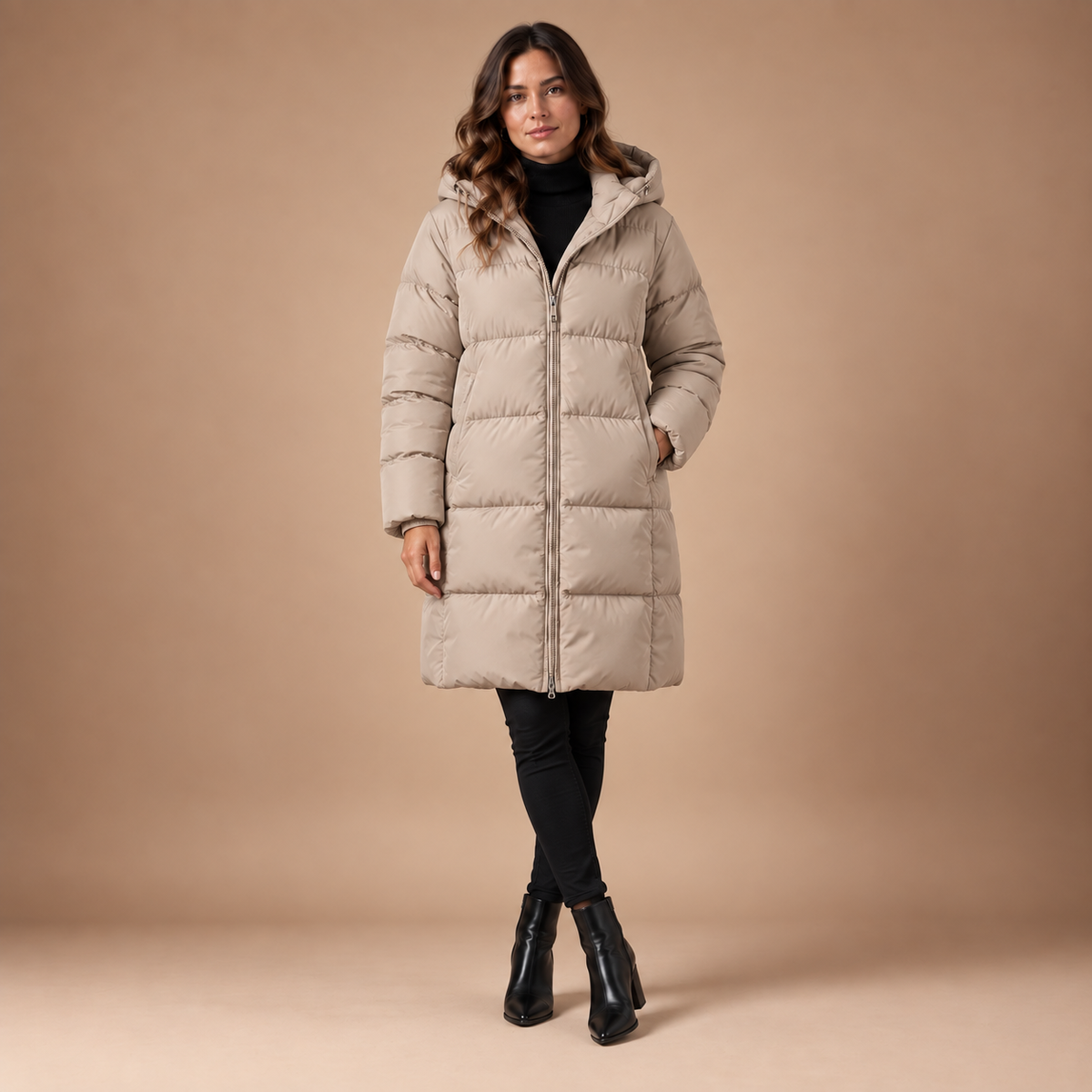 Beige gewatteerde winterjas voor dames met capuchon – vooraanzicht