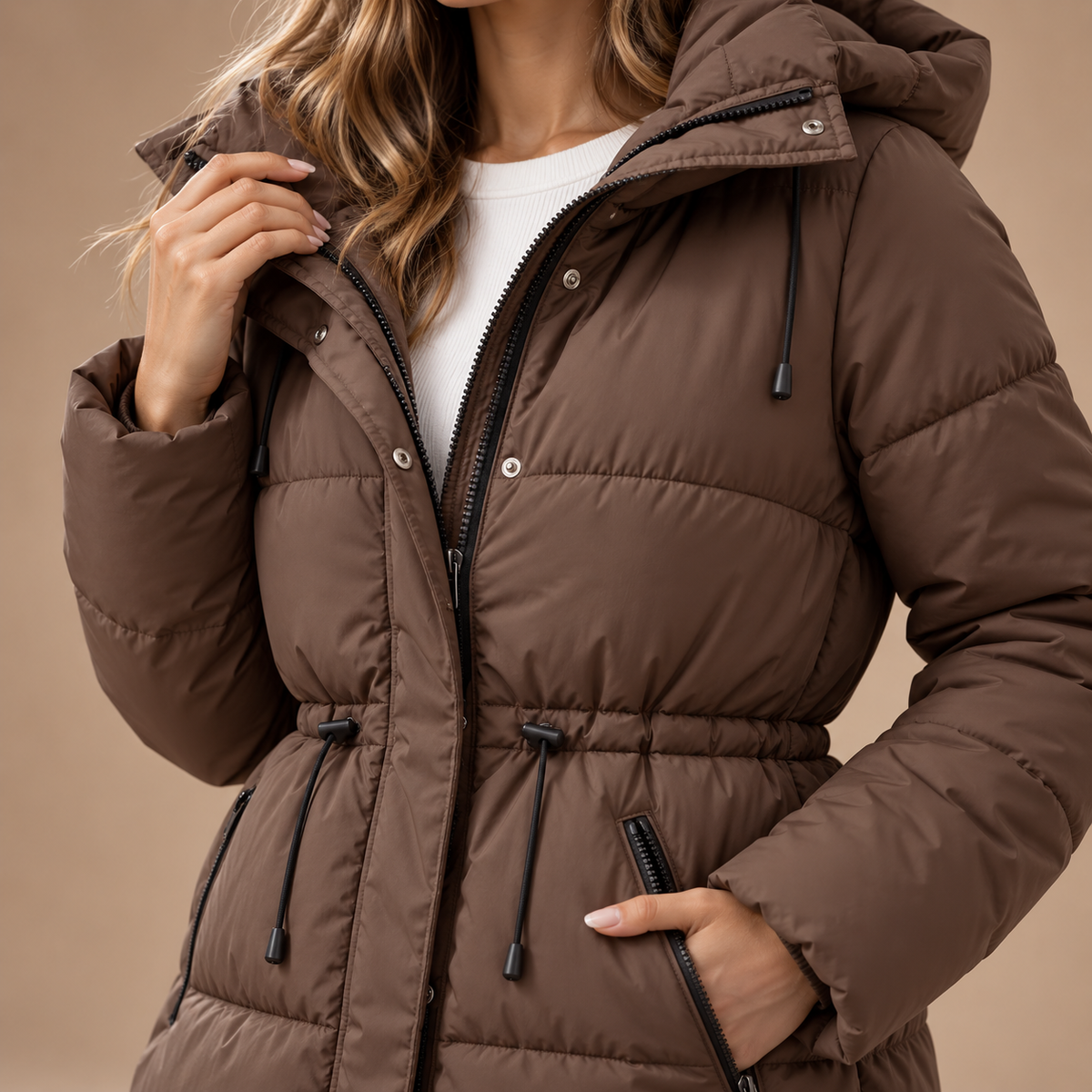Winterjas dames bruin detail capuchon ritssluiting en taillekoord