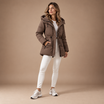 Winterjas dames bruin gewatteerd met capuchon studio vooraanzicht