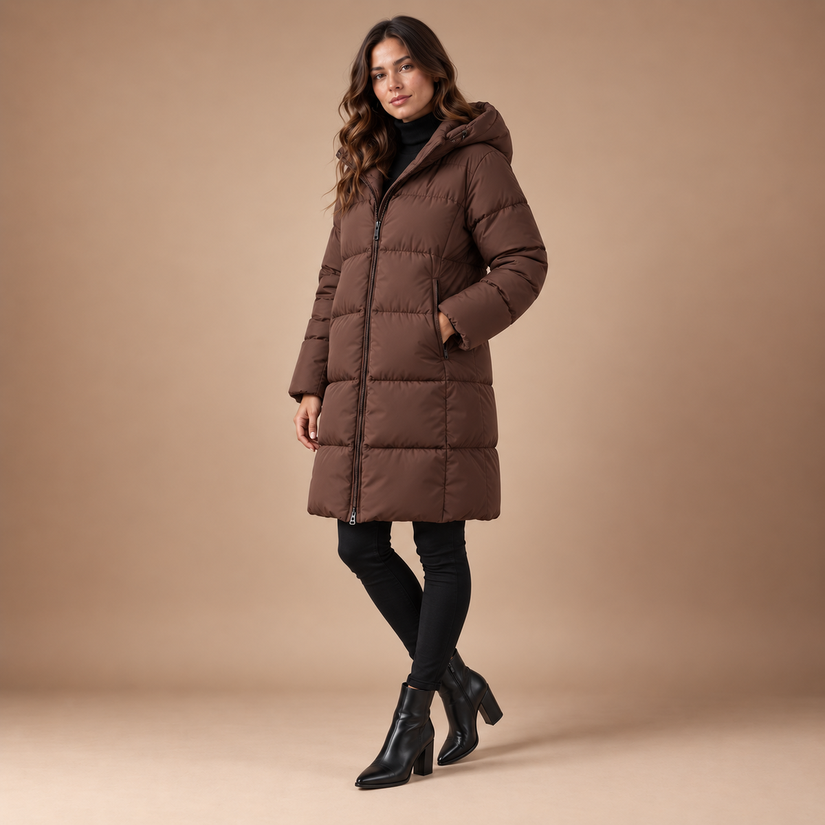 Bruine dames winterjas met capuchon – driekwart aanzicht