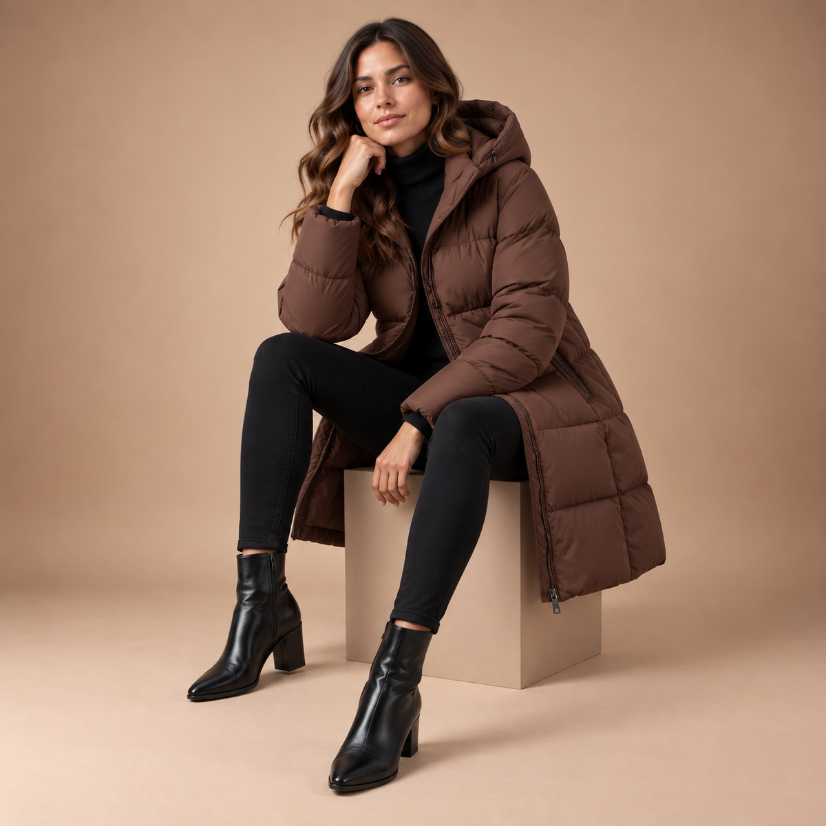Bruine gewatteerde winterjas voor dames – studio editorial