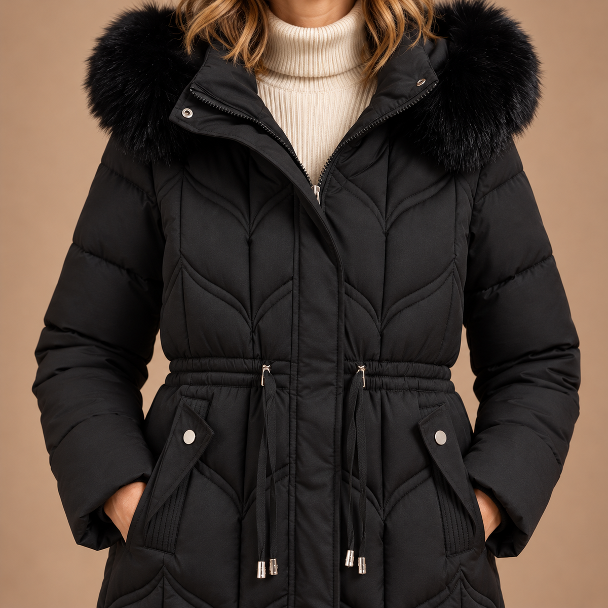 Winterjas Dames – Gewatteerde Jas met Capuchon en Trekkoord in zwart – detail