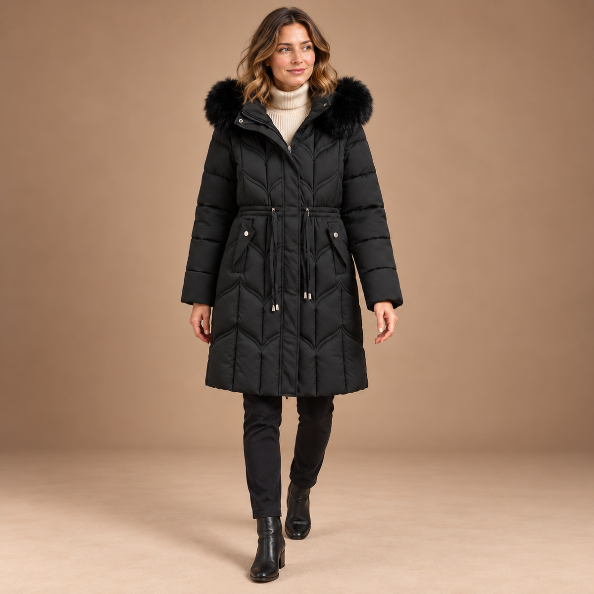 Winterjas Dames – Gewatteerde Jas met Capuchon en Trekkoord in zwart – hele outfit