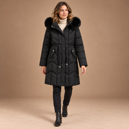 Winterjas Dames – Gewatteerde Jas met Capuchon en Trekkoord in zwart – hele outfit