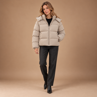 Greige pufferjas dames – volledige outfit