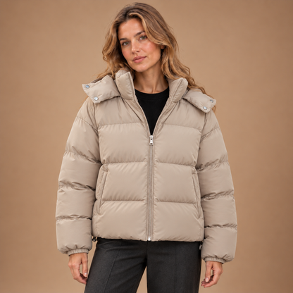 Greige korte winterjas dames met capuchon – vooraanzicht