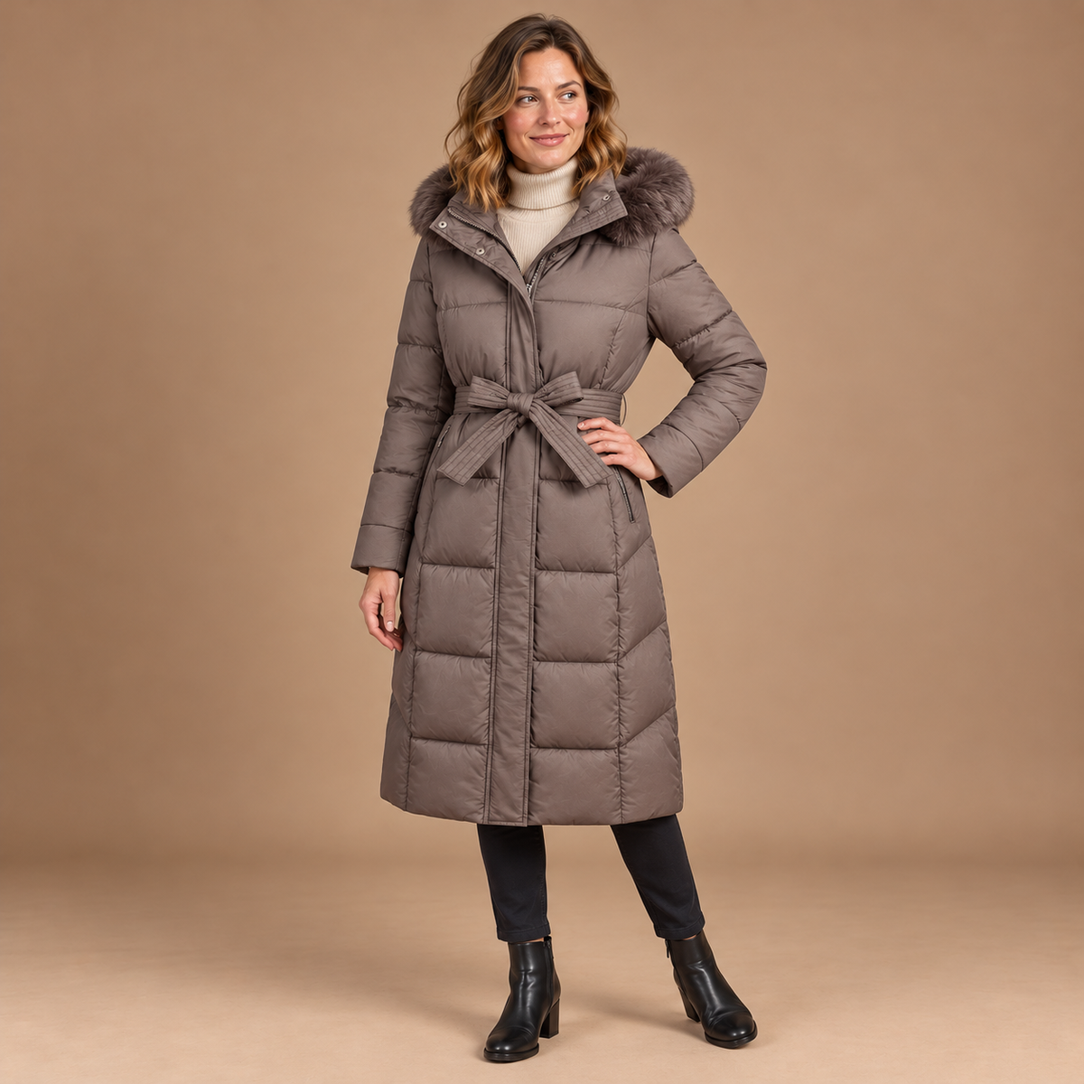 Winterjas Dames – Lange Puffer Jas met Riem en Capuchon in khaki – kleurvariant