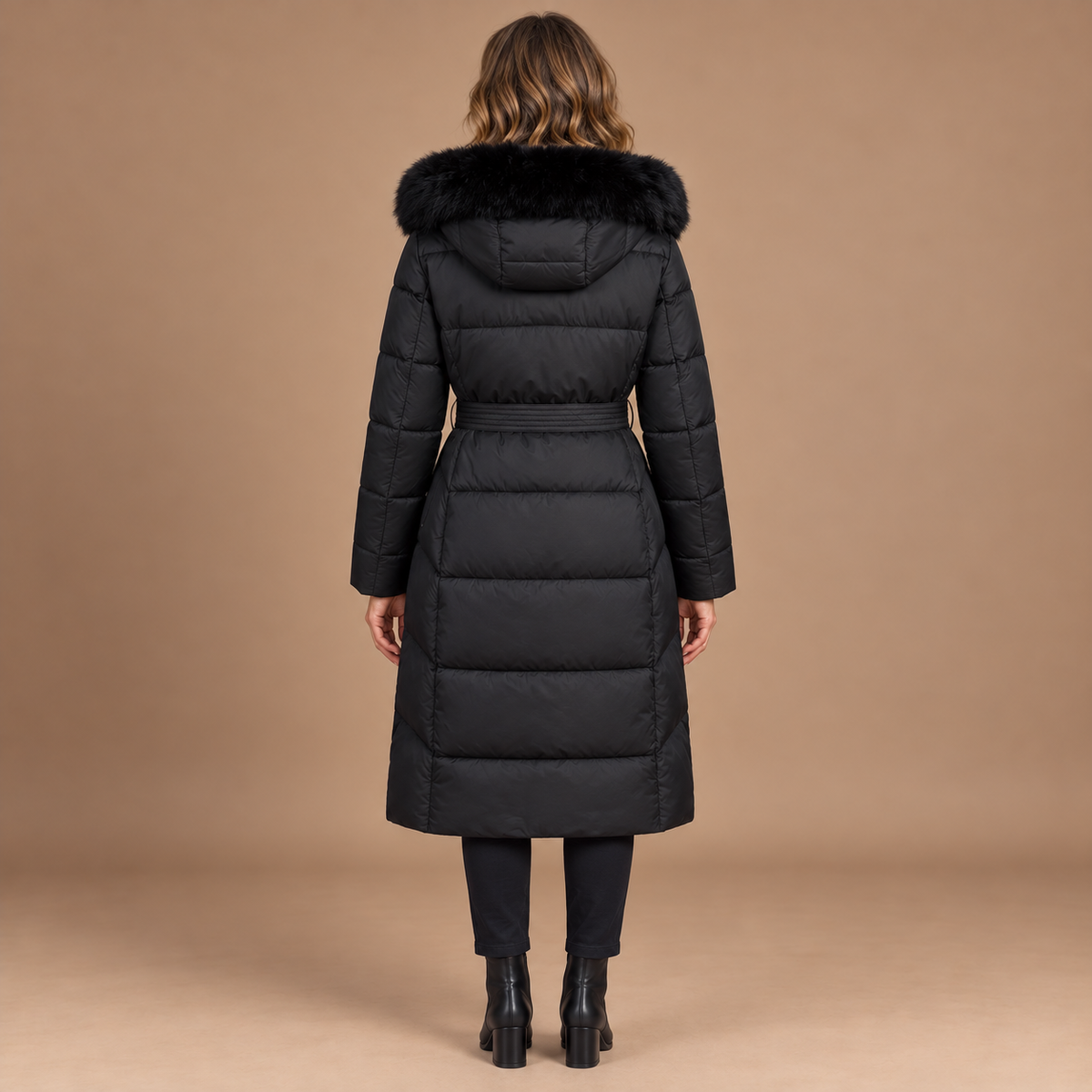 Winterjas Dames – Lange Puffer Jas met Riem en Capuchon in zwart – achteraanzicht