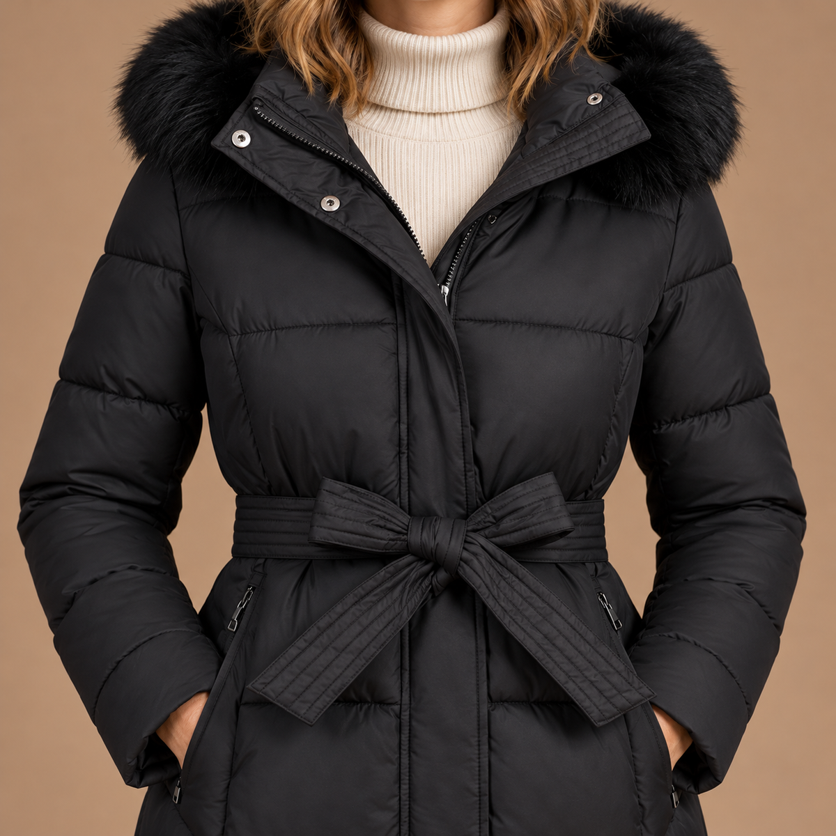 Winterjas Dames – Lange Puffer Jas met Riem en Capuchon in zwart – detail