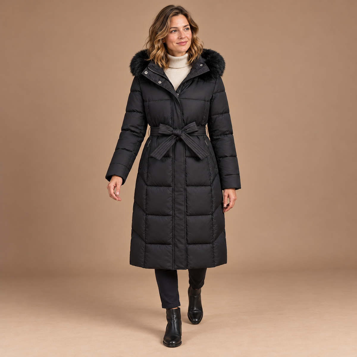 Winterjas Dames – Lange Puffer Jas met Riem en Capuchon in zwart – hele outfit