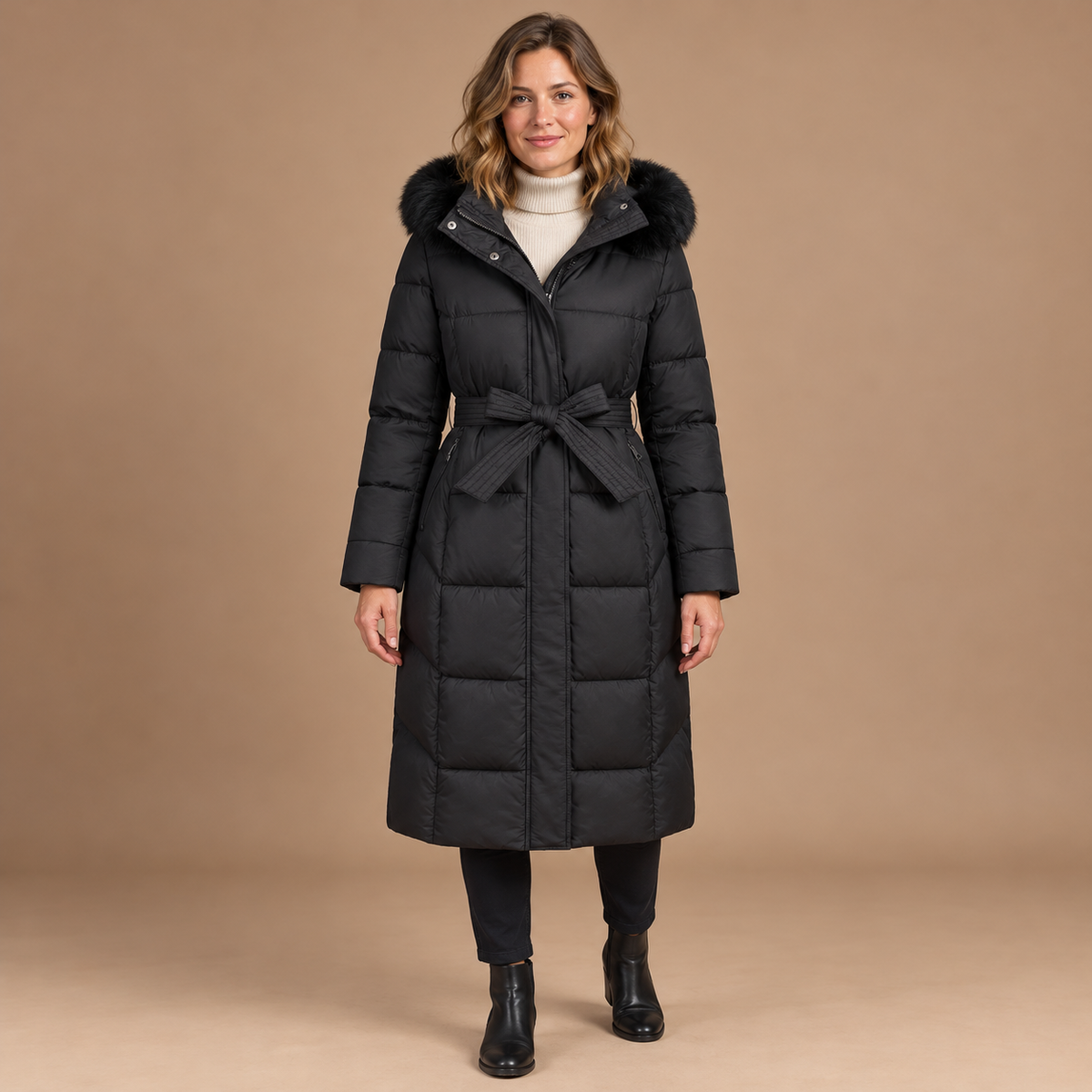 Winterjas Dames – Lange Puffer Jas met Riem en Capuchon in zwart – vooraanzicht