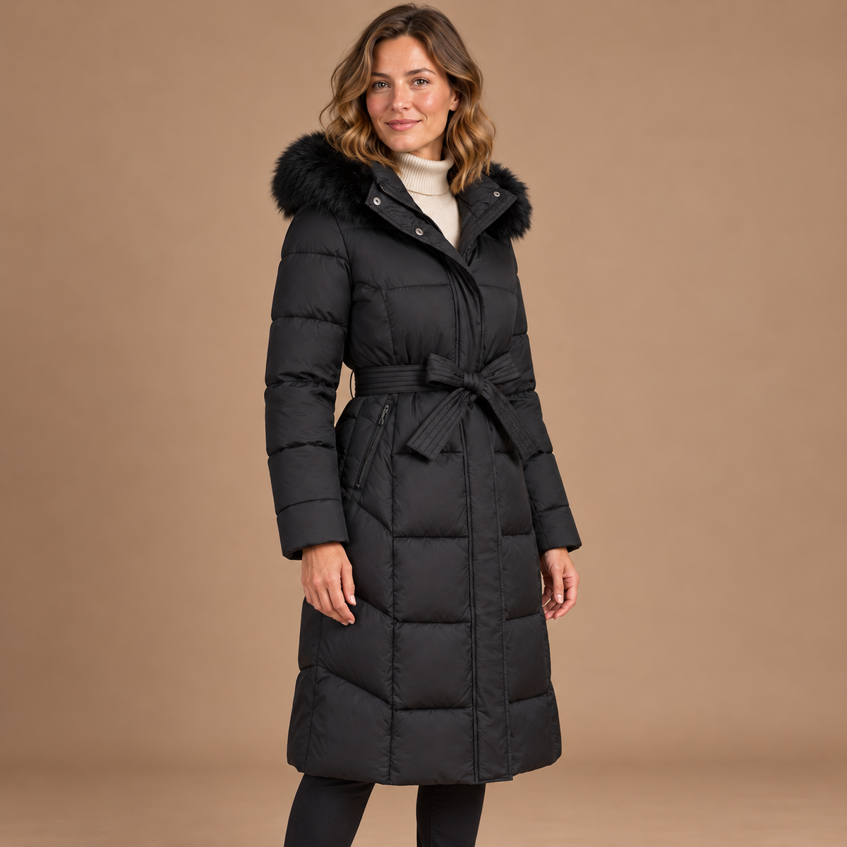 Winterjas Dames – Lange Puffer Jas met Riem en Capuchon in zwart – zijaanzicht