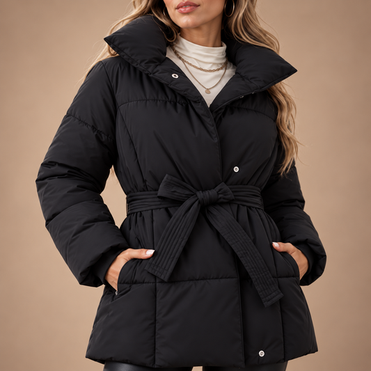 Detail zwarte puffer winterjas dames met ceintuur en gewatteerde structuur