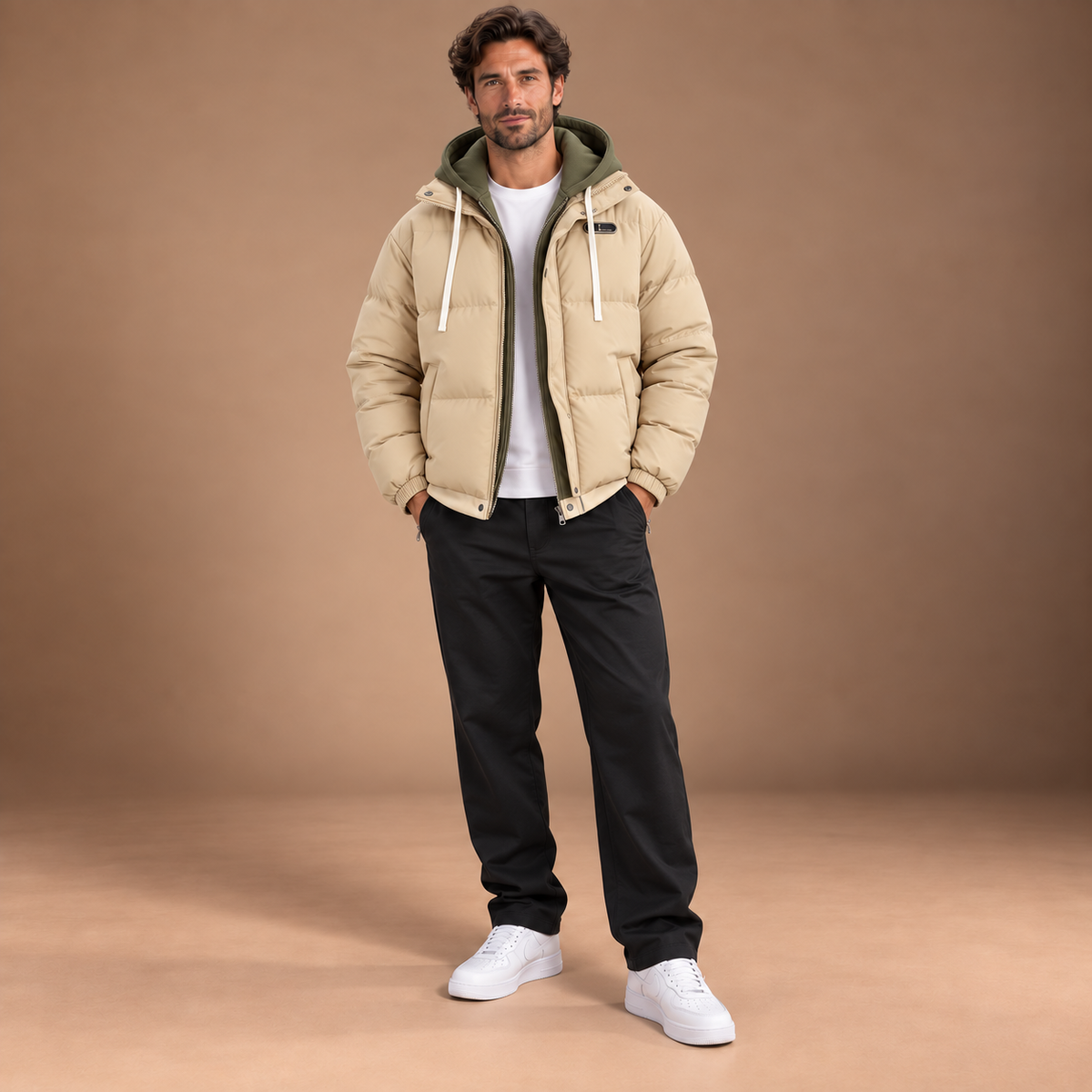 Beige gewatteerde winterjas voor heren met olijfgroene capuchon – vooraanzicht