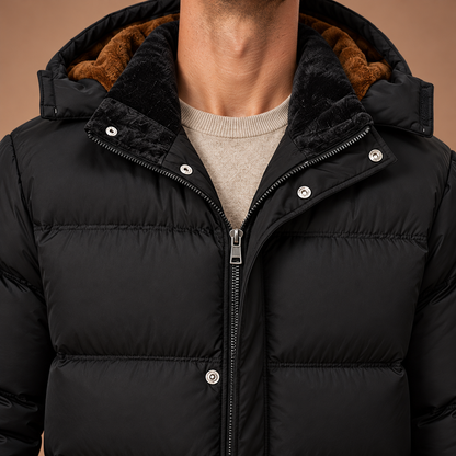Zwarte winterjas voor heren met capuchon – detail van afwerking