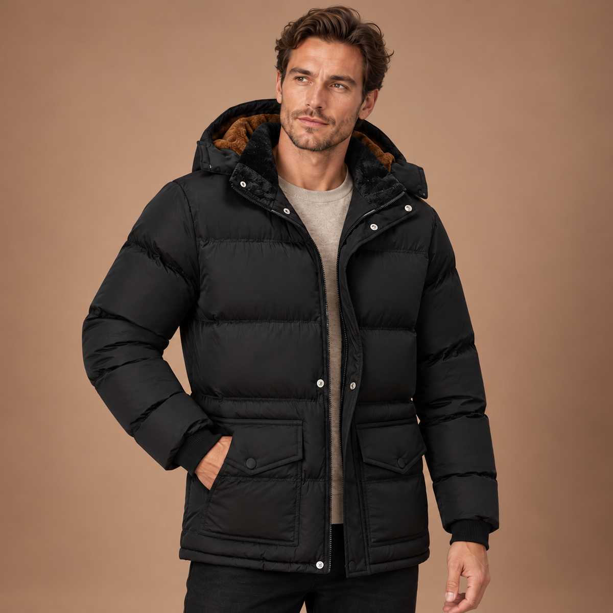 Zwarte winterjas voor heren met capuchon – alternatief vooraanzicht