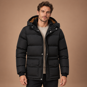 Zwarte winterjas voor heren met capuchon – voorkant