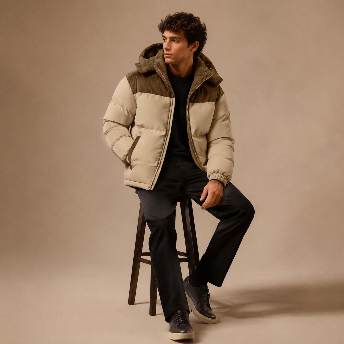 Beige herenwinterjas met bruine schouderdetails, gedragen door een zittend model.