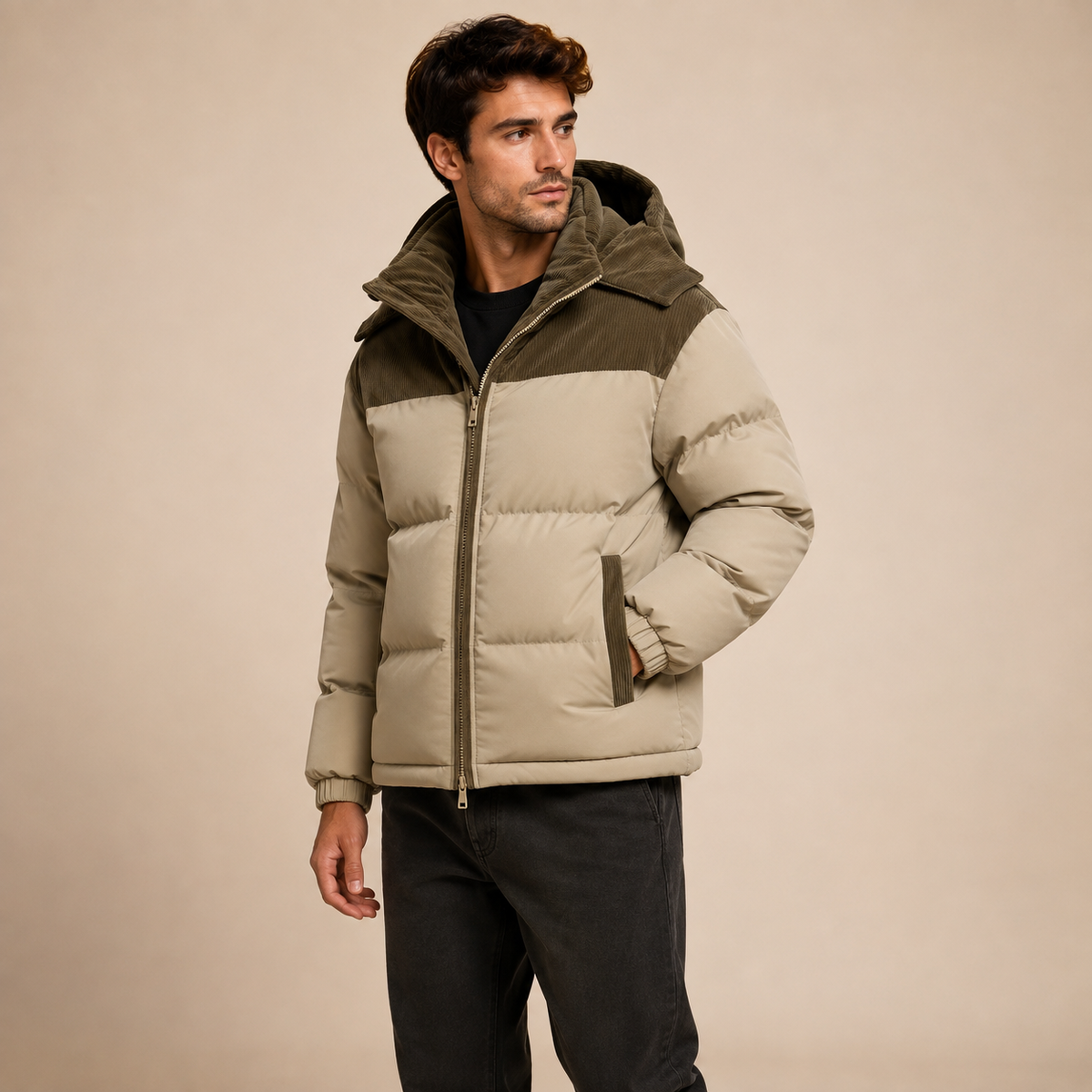 Beige gewatteerde herenwinterjas met bruine capuchon en schouderdetails, schuin van voren.