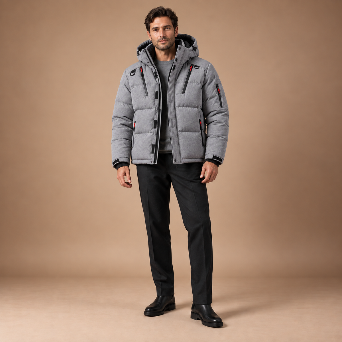Gewatteerde winterjas heren met capuchon in grijs – volledig outfitbeeld