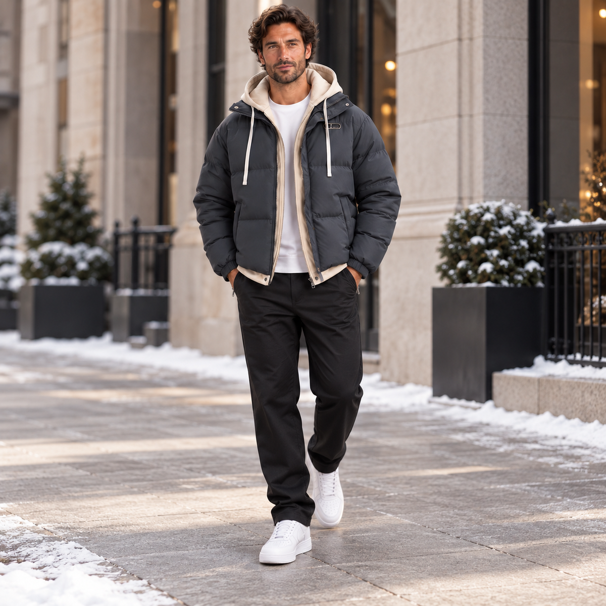 Grijze heren winterjas met capuchon – winterse lifestyle foto