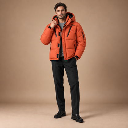 Gewatteerde winterjas heren met capuchon in oranje – volledig outfitbeeld