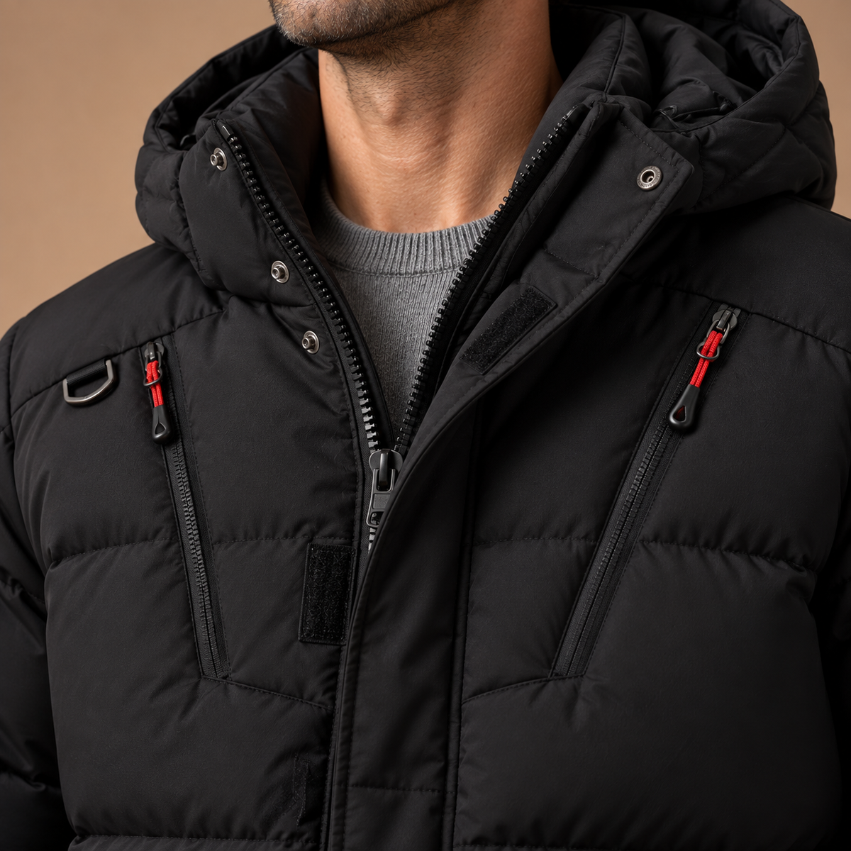 Gewatteerde winterjas heren met capuchon in zwart – detail