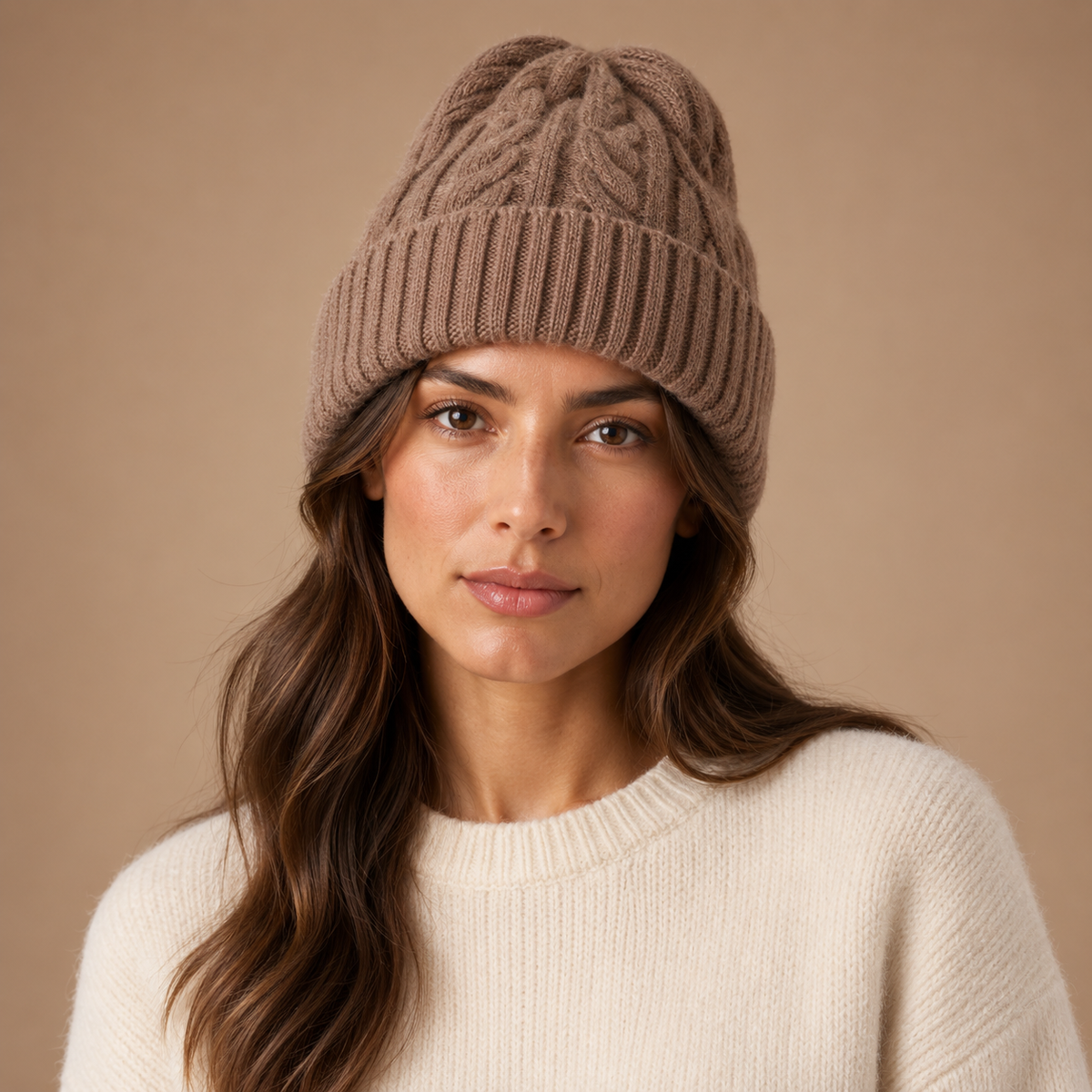 Dames kabelgebreide muts in bruin – close-up