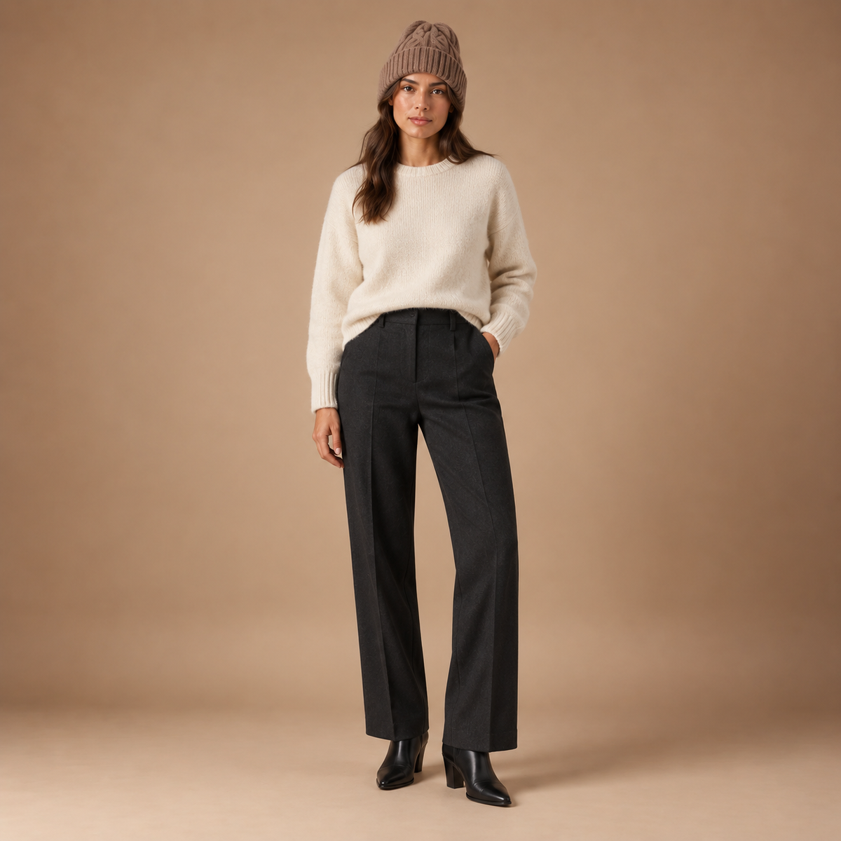 Dames kabelgebreide muts in bruin – volledige outfit