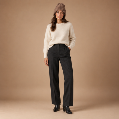 Dames kabelgebreide muts in bruin – volledige outfit