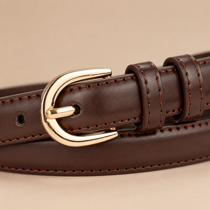Detail gouden gesp en stiksels van dames riem