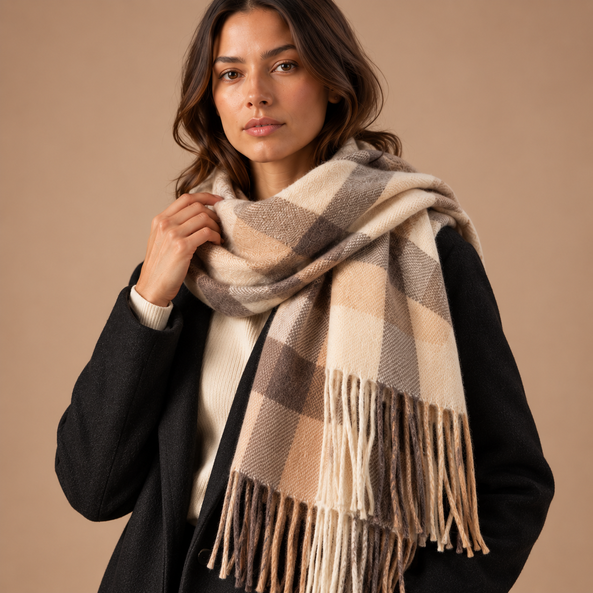 Dames geruite sjaal in beige en bruin – close-up