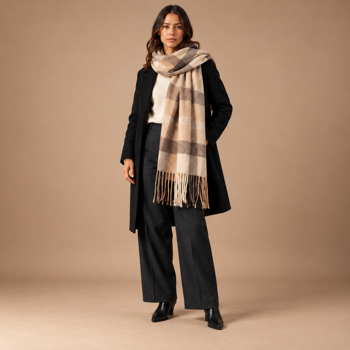 Dames geruite sjaal in beige en bruin – volledige outfit