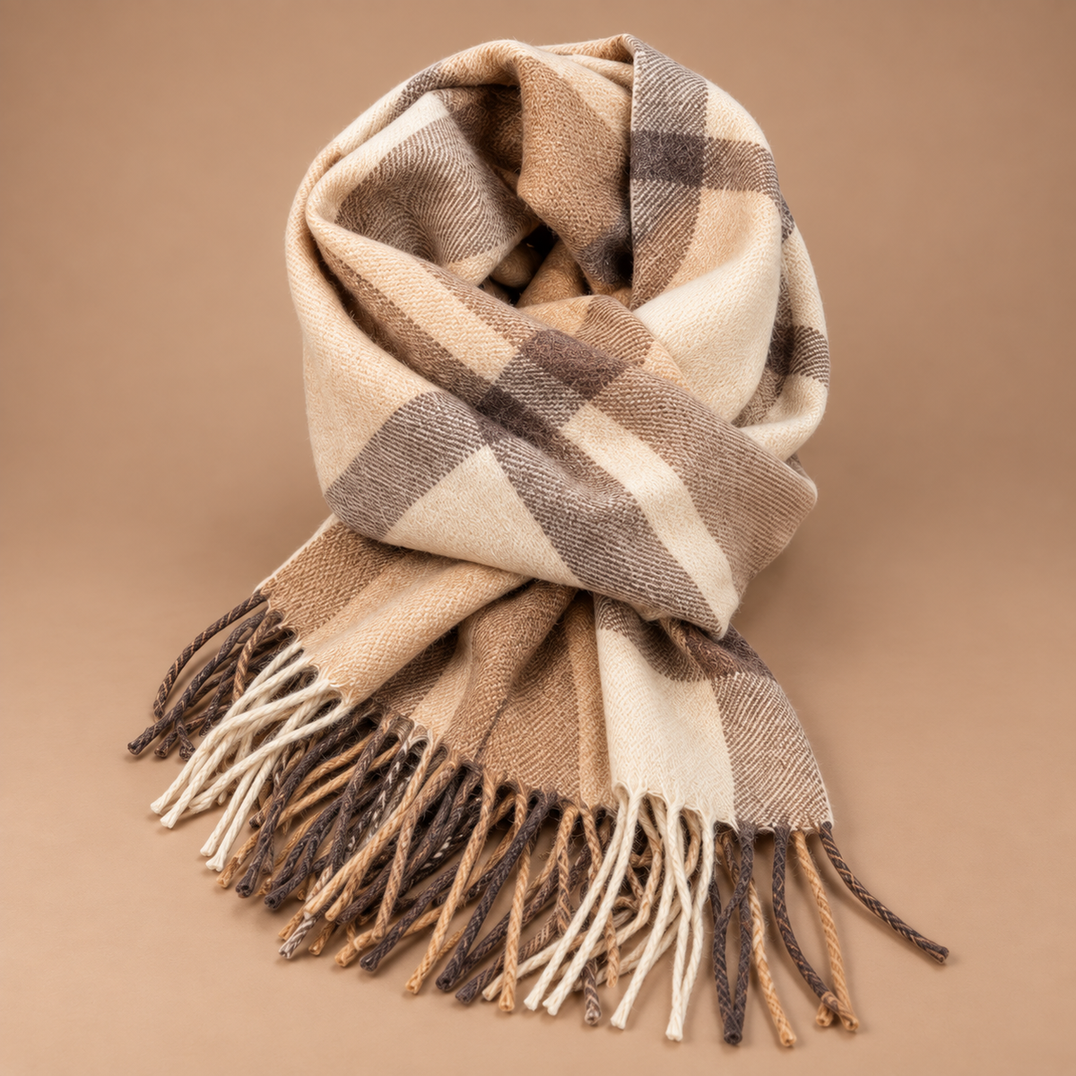 Geruite dames sjaal met franjes in beige en bruin