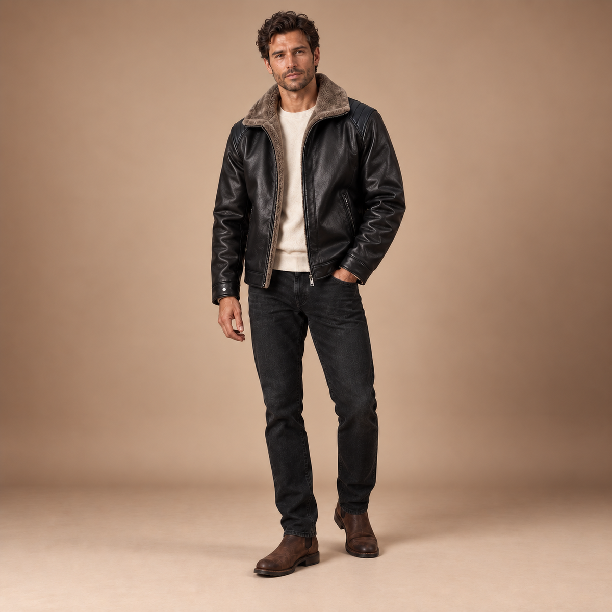 Zwart gevoerd herenjack met rits, volledige outfit