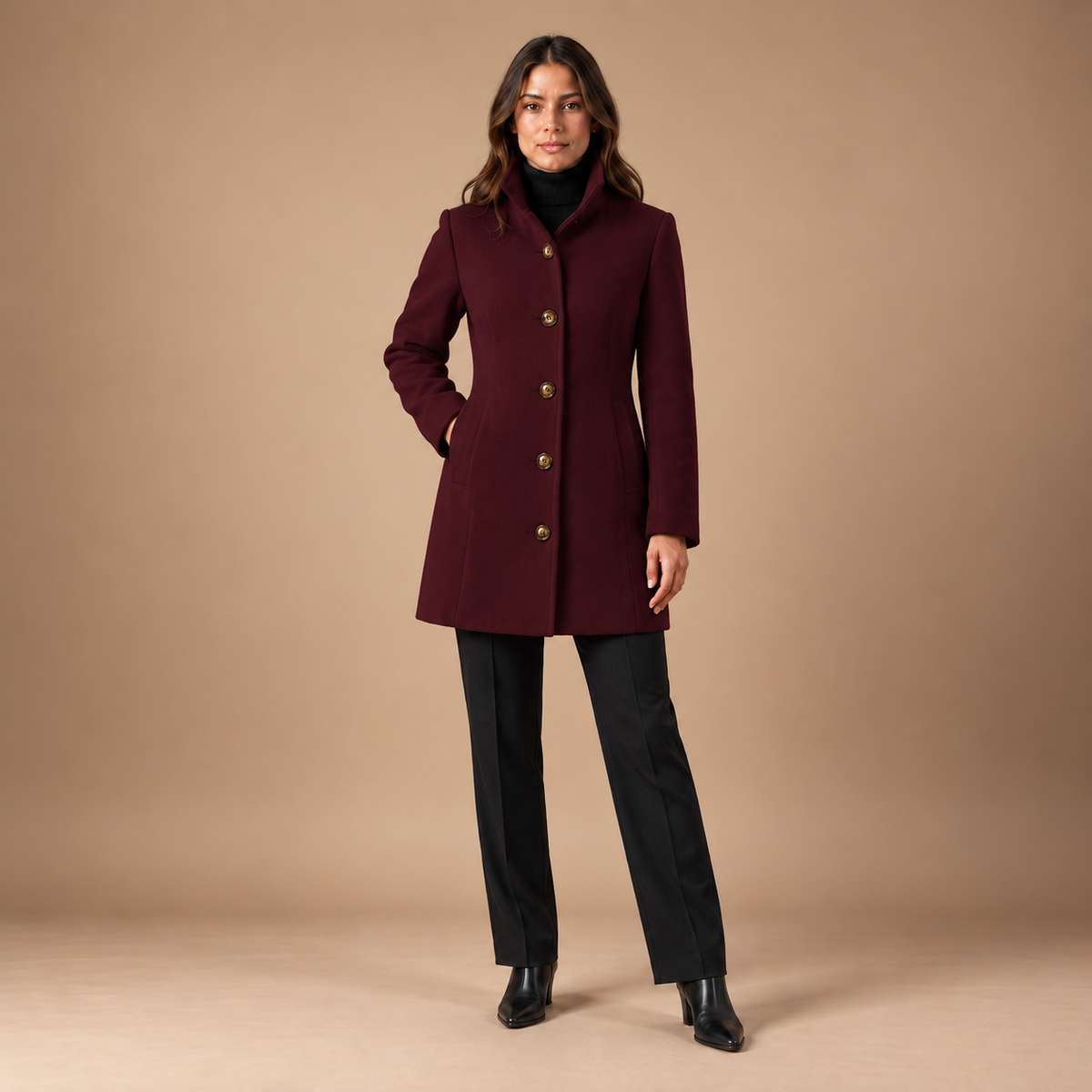 Halflange mantel dames met opstaande kraag – bordeauxrood – volledige outfit