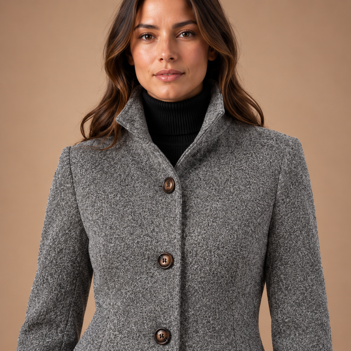 Halflange mantel dames met opstaande kraag – grijs – detail