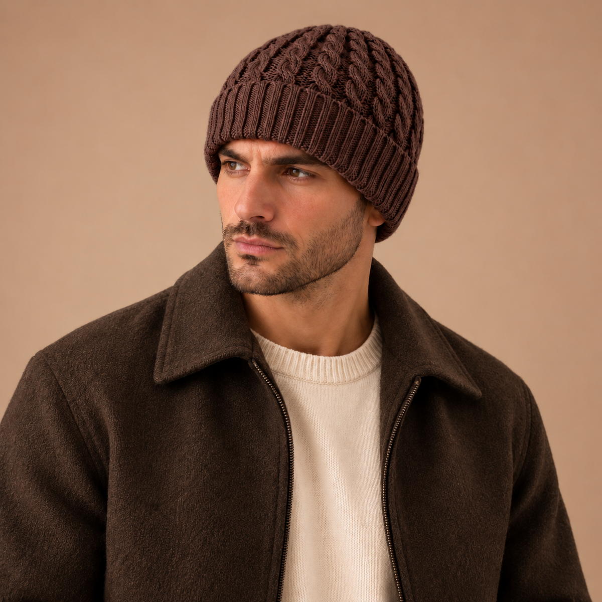 Bruine heren kabelgebreide muts – model