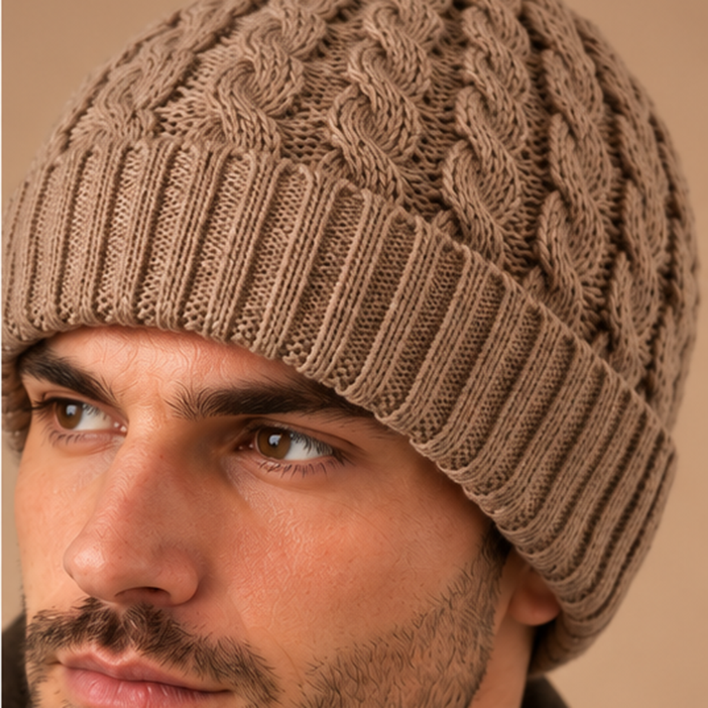 Heren kabelgebreide muts in khaki – close-up