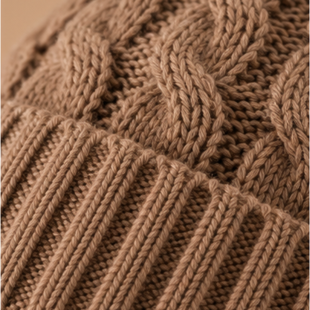 Detail van kabelbreisel en omgeslagen rand van heren muts in khaki